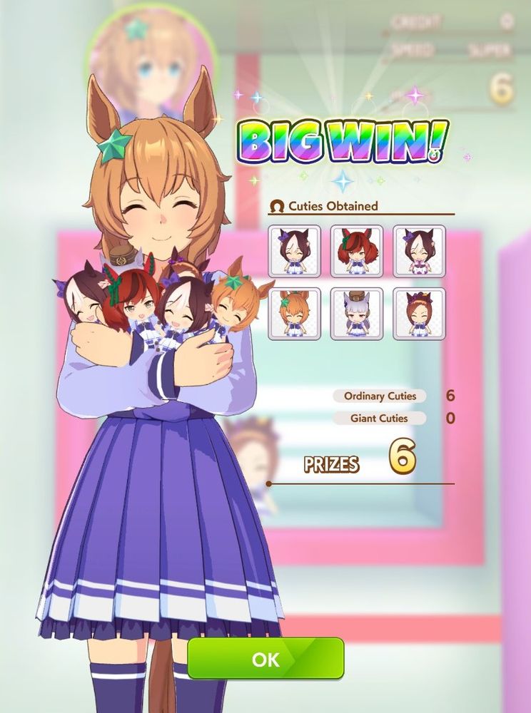 A screenshot of the claw machine results screen from Umamusume. Big text reads "Big Win" with a happy Taiki Shuttle, a blonde american horse girl, standing next to it. I won 6 ordinary cuties in the crane game.