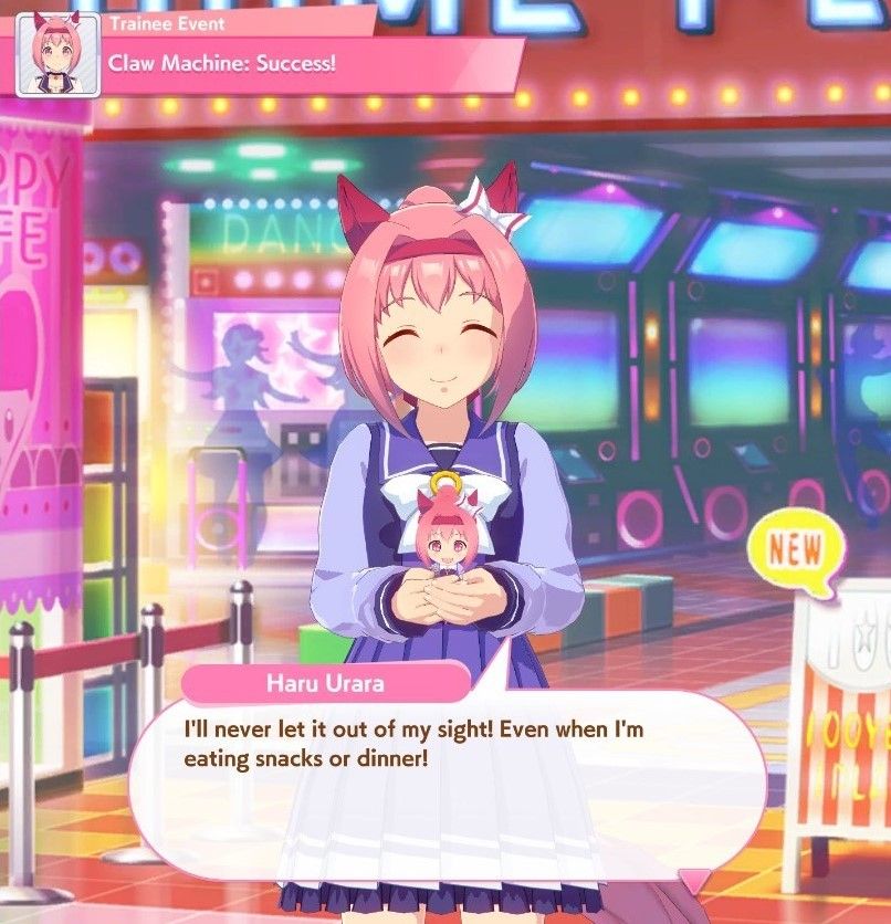 A screenshot of Umamusume. Haru Urara smiles while cradling a smiling plush of herself in her hands. It's not quite the same expression, but they're both happy.