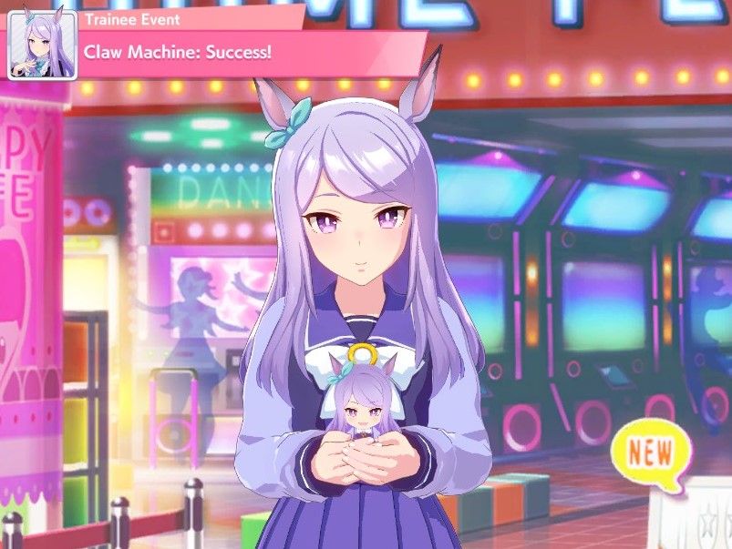 An Umamusume screenshot in which Meijiro Mcqueen holds a tiny plush of herself in her hands.