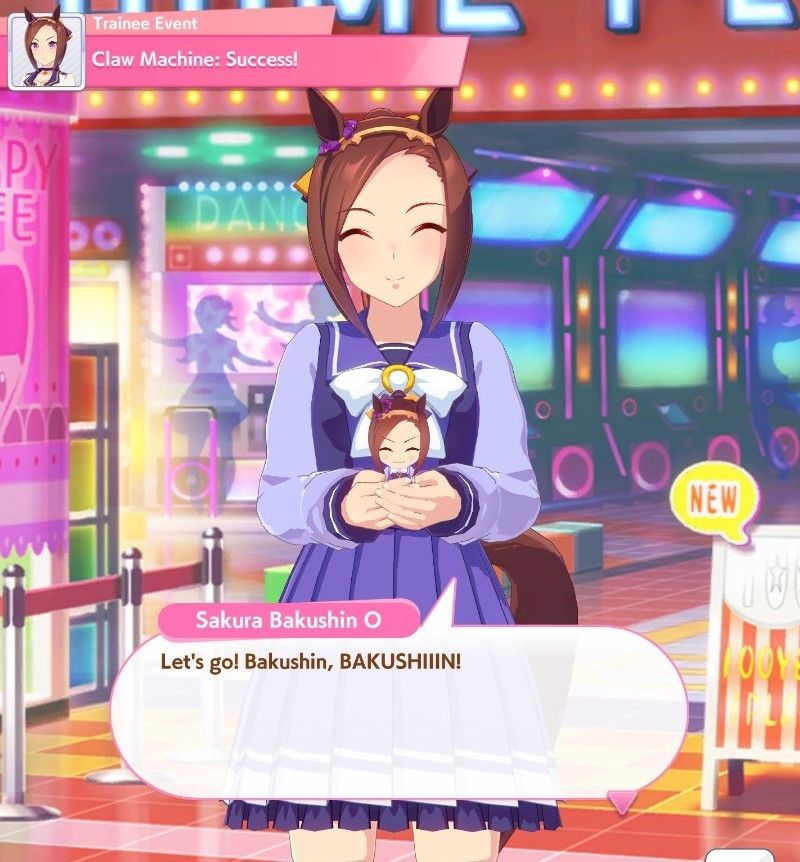 An Umamusume screenshot of Sakura Bakushin O holding a plush of herself while smiling with her eyes closed and saying "Let's go! Bakushin, BAKUSHIIIN!"
