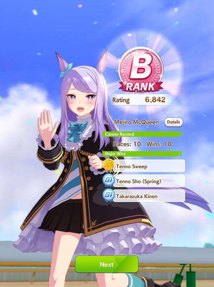 A screenshot of Umamusume, the horse raising gacha game, in which I have raised a B rank Mejiro Mcqueen who won all 10 races