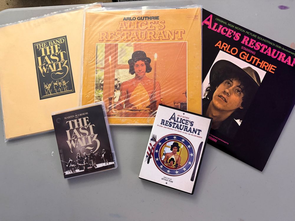 Vinyl copies of the soundtracks to The Band’s Last Waltz and the movie Alice’s Restaurant; Arlington Guthrie’s album Alice’s Restaurant; and dvd copies of the movies Alice’s Restaurant and The Last Waltz 