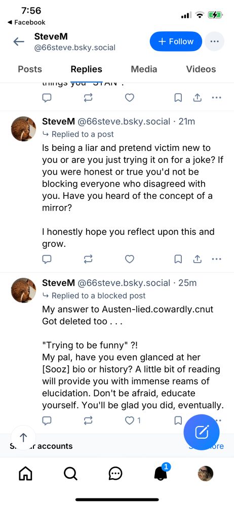 Steve M calls me a cowardly cunt because a post was deleted by Bluesky Admin as it was being used to harass me.