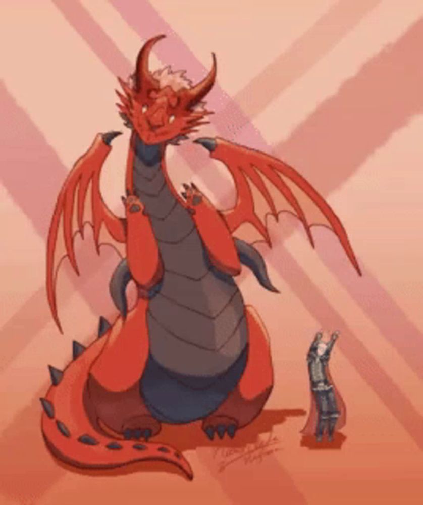 a drawing of a red dragon standing next to a small man