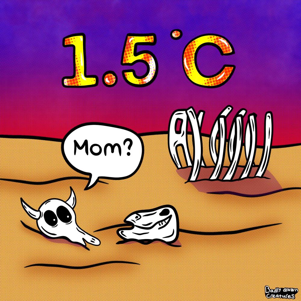 Cowskull in the desert looking at cow skeleton and saying Mom? On sky there's text 1.5