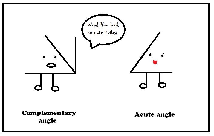 two angles, with stick legs. one is a complementary angle and the other is an acute angle. the complementary angle is telling the acute angle that they are cute by saying: "wow! you look so cute today"