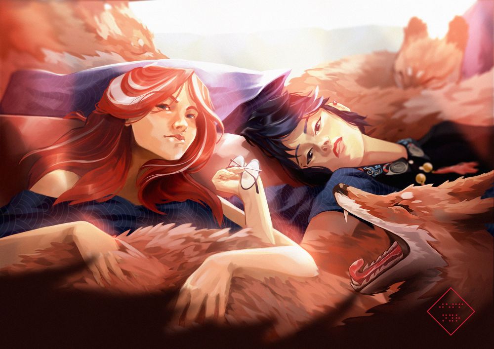Two women, one redhead, one dark hair, lying in a bed surrounded by fox. A fox in the foreground is yawning. War color, cosy feeling.
