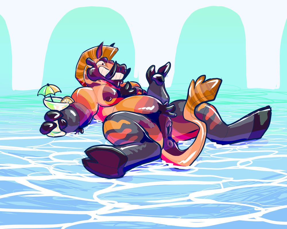 A colorful shiny inflatable pooltoy boar/warthog character with his pussy out, floating with a margarita on endless water in the poolrooms