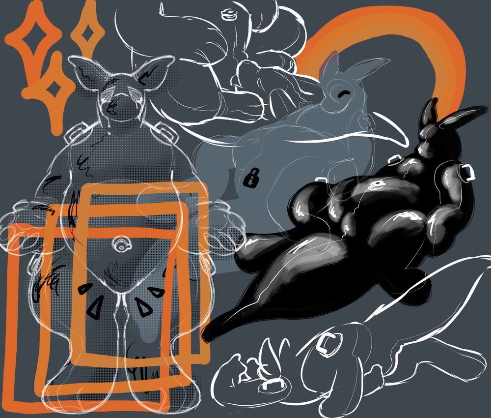 A sketchy gray and orange doodle page of a null pooltoy character with white handles, depicted in multiple different ways across the canvas. It's face is generally blank and obscured, except for the suggestion of eyes, which leak tears in one image and are joyful in another. In almost every sketch, the character paws or licks at its null bulge.