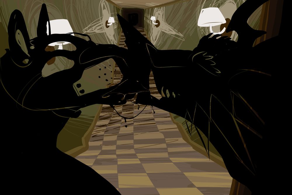 A sketchy liminal space drawing of a darkening beige hallway with a checkered floor and bright wall lamps. In the foreground is a silhouette of someone in a pup hood kissing the silhouette of a dragon with tongue