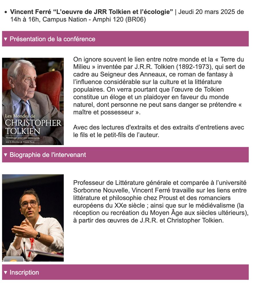 affiche présentant la conférence avec une photo de Christopher Tolkien, le fils de JRR Tolkien