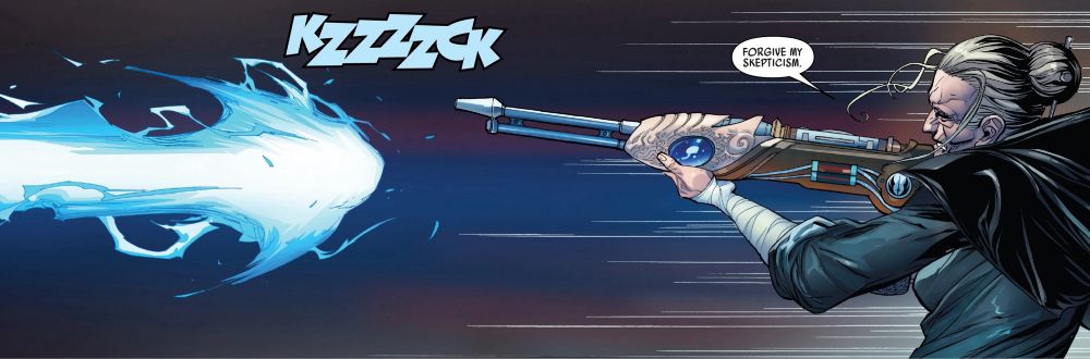 Jocasta Nu, an old woman, fires a strange sci fi rifle that uses lightsabers as ammunition.