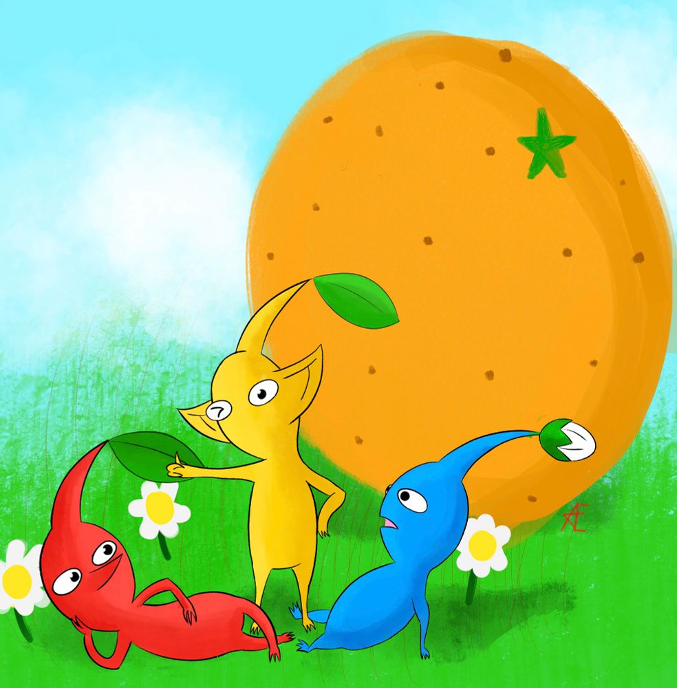 A red, blue and yellow Pikmin relaxing on the grass with a giant orange. Ok I suppose the orange is normal sized but they are very small.