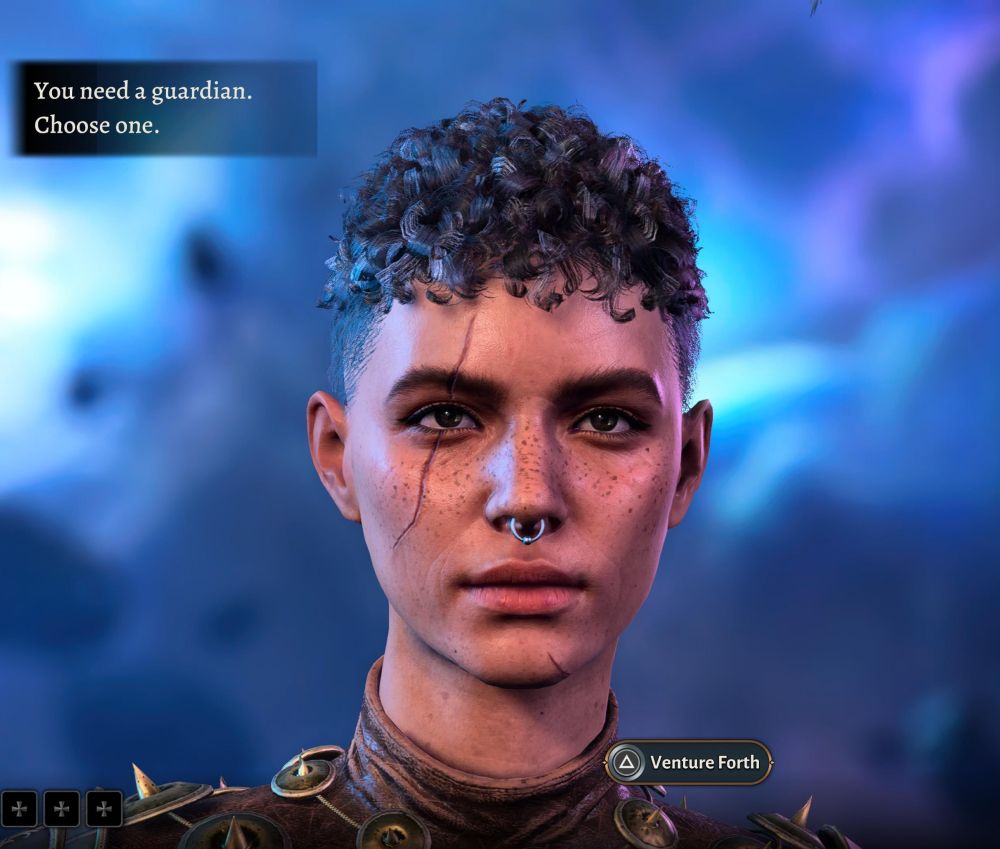 Video game generated character with short, dark, curly hair, a scar, and armor.