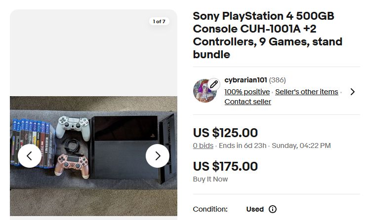 eBay listing for a Sony Playstation 4 500GB Console + 2 Controllers, 9 games, and a stand.
