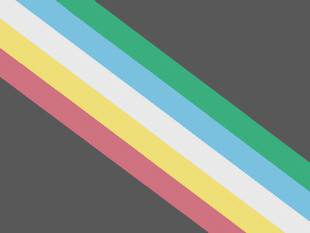 Disability Pride flag featuring a muted black background with colored stripes cutting across diagonally from left to right. The colors, from top to bottom, are green, blue, white, yellow, and red.