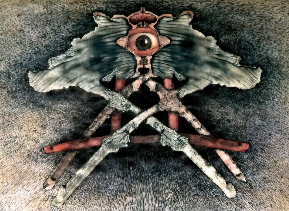 Dark, surrealistic collage of an eyeball placed in the middle of a Rorschach style pen & ink/watercolor illustration.