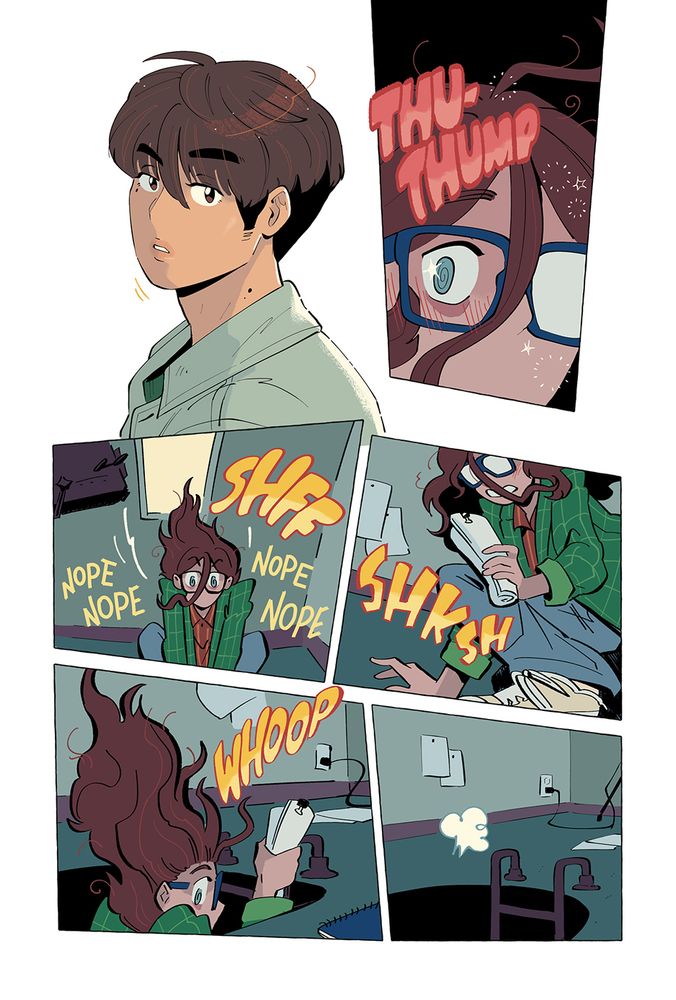 A comic page depicting Christian, Erika's crush, glancing up. He finally sees Erika in her hiding spot: the unused light box with the perfect view of the stage (for spying on Christian). Erika, exposed, making eye contact with the cutest boy in the world, absolutely loses it. She freaks out and vacates her lightbox hideaway as quickly as possible. She will not be caught.