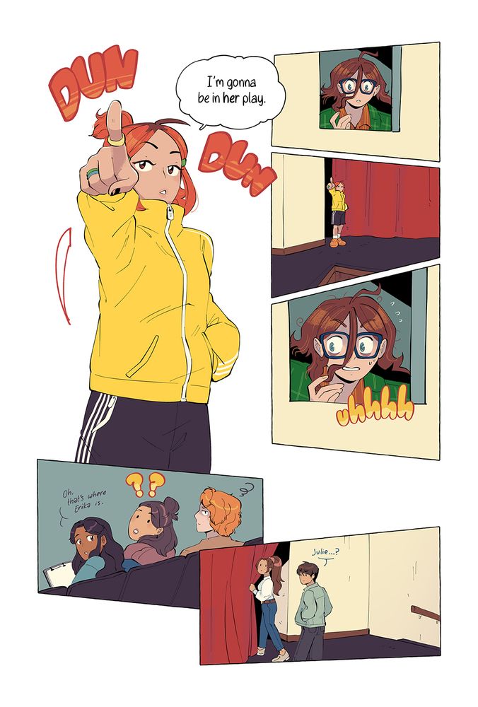 A comic page depicting Julie, a bright orange-haired girl standing on a high school theater audition stage, pointing up to a lightbox. "I'm gonna be in *her* play." In the lightbox, the anxious Erika comically glances around, realizing her hiding spot has been exposed. The theater teacher & students all turn to look up at her in the lightbox. Christian, her crush, exiting the stage, looks confused, wondering what Julie is pointing to.