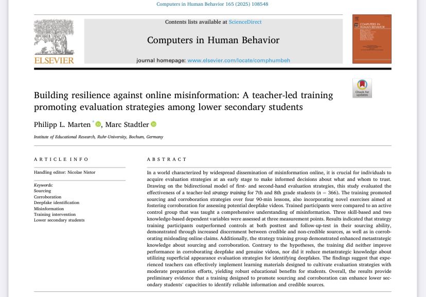 Picture of the first page of Building resilience against online misinformation: A teacher-led training promoting evaluation strategies among lower secondary students, including the abstract.