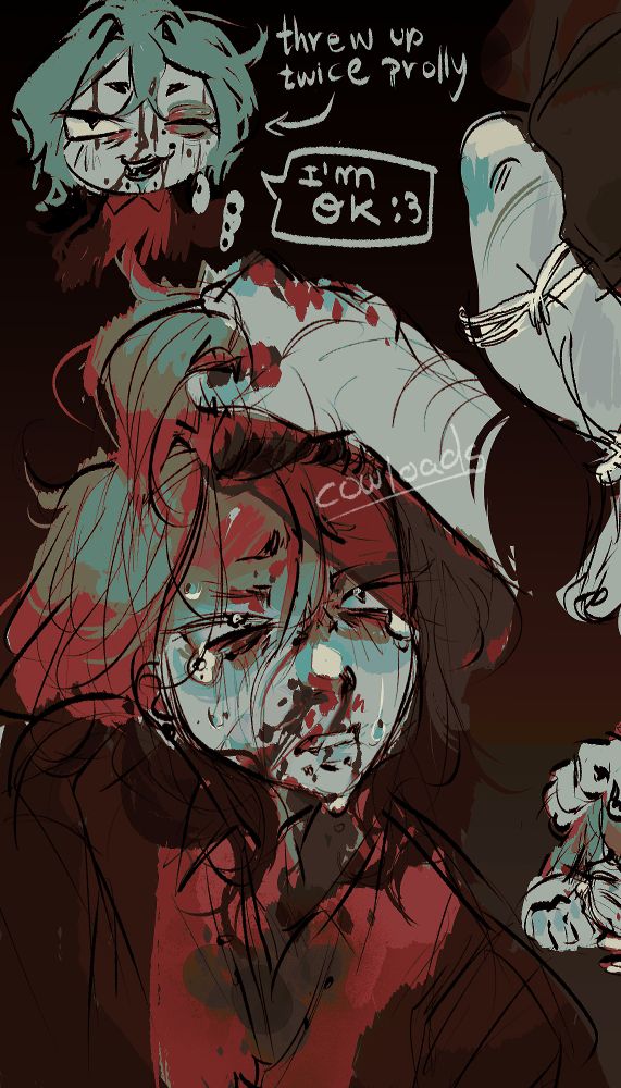 grayscale doodle of my oc, max. his head is being held by an off camera person by pulling his hair. max looks up at the person crying, sweating and with a bloody nose. he wears a button up shirt and a leather jacket that are both covered in his blood. on the top of the page theres a chibi doodle of max with a speech bubble coming from him that reads "i'm ok :3" and an arrow poiting to said chibi saying "threw up twice prolly".