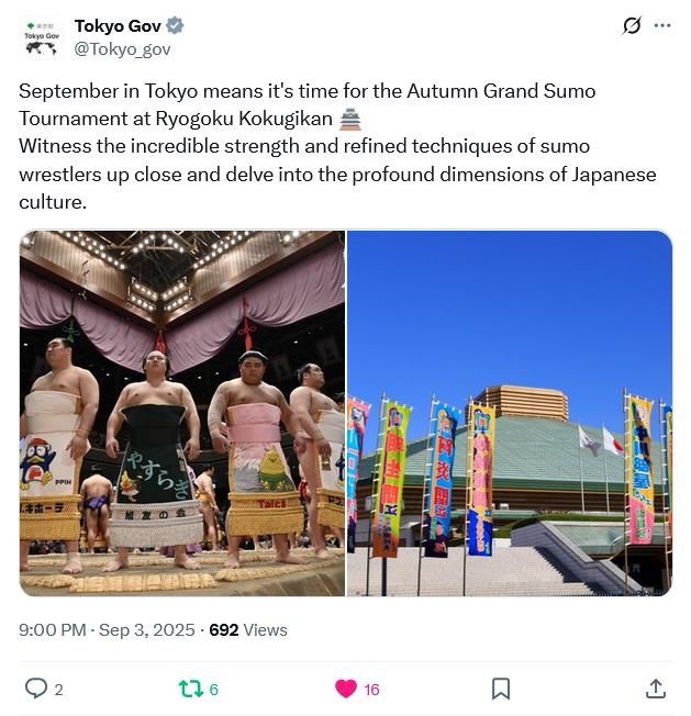 Screenshot of a tweet by Tokyo_gov about the September Grand Sumo Tournament at Ryogoku Kokugikan with a picture of some Sumo wrestlers & also the venue.