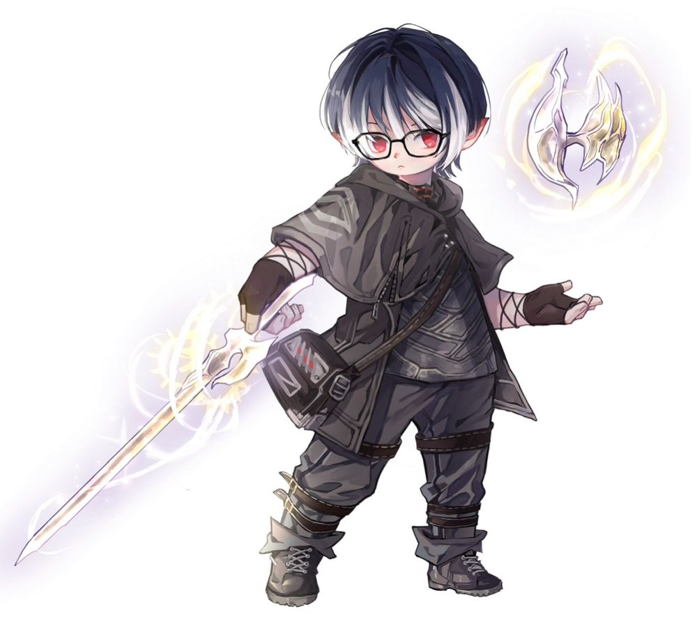 Digital painting of my alt, a dunesfolk lalafell named Nonono, by @negglee (crepe). He has short (Asahidaniel bowlcut) dark blue hair that turns white at the ends, and large red pupil-less eyes. In this drawing, he is wearing the late allagan top of casting and other techstyle gear, and is posing with his Ultimate Vorpal Sword (TEA RDM weapon).