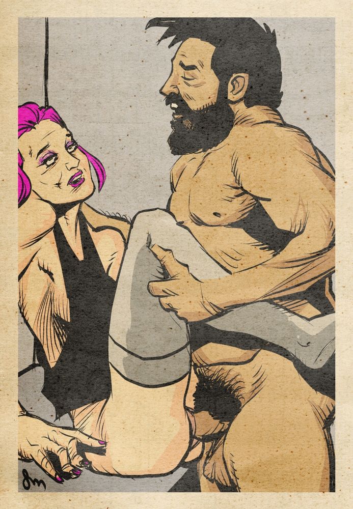 Mature woman with pink hair and man, close-up, intimate pose.