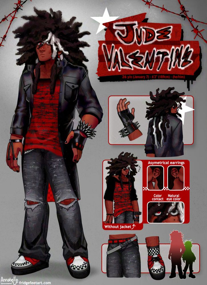 A digitally illustrated character reference sheet for Jude Valentine. He's 26 years old (his birthday being January 7th), and is 6 feet 2 inches (189cm) tall. To the left is an illustration of him standing blandly. He has medium brown skin, his right eye is a dark brown, while his left is red (a color contact lens) he has a mole under his right eye, and has freckles just over the bridge of his nose. The lengths of his hair (freeform locs) go to about his elbows, and he has three bleached white streaks contrasting his otherwise black hair. He has a undershirt with a red and black barbed wire motif, a black leather jacket (that reaches to the back of his knees), jeans, and black red and white creeper shoes. He also wears asymmetrical wristwear, with one being a spiked bracelet and leather glove, and the other being a plain bracelet that links to rings that are on his index and ring finger. To the right are some additional drawings, showing how the underside of his spiky bracelet is flat on the bottom wrist's edge, and the length of his hair from behind. This is followed by drawings of him without him jacket, as well as showing his earrings (also asymmetrical, one being a dangle dagger, and the other being a plain stud), and a closeup of his eyes. Then finally, some small details, such as the fact he wears two belts (one going through his belt loops normally, the other [a triangle stud belt] being worn on top) and his shoes being shown in more detail (since his jeans cover them), and that he wears checkerboard socks. The last illustration shows he and Delia's silhouettes, showing her height in comparison to his.