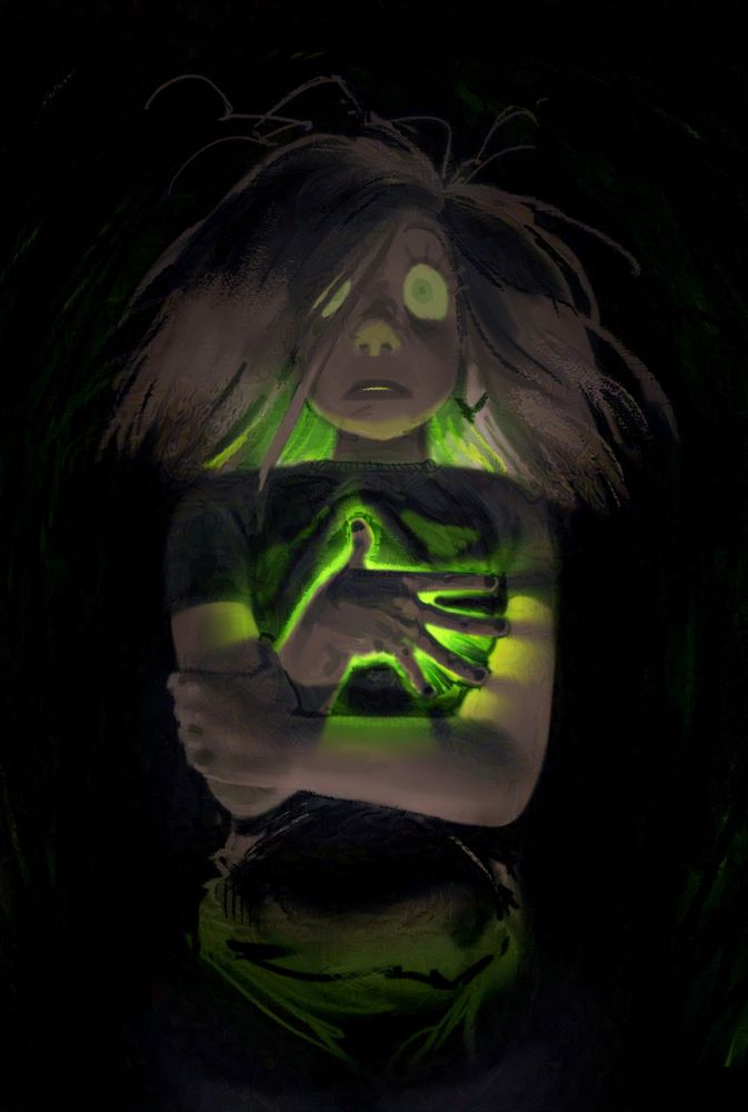 A digital illustration of my character Delia. She's looking towards the camera with a wide eyed panicked look on her face. The piece is done in a monochrome palette with the exception of a bright green that looks like it's trying to escape Delia, she clutches a hand to her chest like she's trying to prevent the bright green from pouring out.