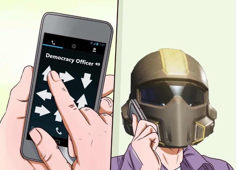 A helldiver on a phone, dialing their democracy officer