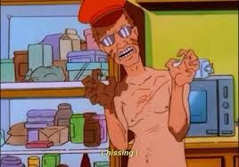 Dale from king of the hill, nude and covered in mud, hissing at the camera in front of a open fridge 