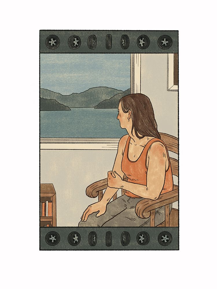 A drawing of a woman sitting in a wooden chair, and she is looking out of a window at a large body of water.