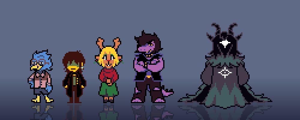 Berdly all the way on the left. He's dressed in 80s fashion with big round glasses, a brown blouse and shorts. Kris stands next to him. They're dressed in Casual Goth attire. They've got one earring, a long black coat and a muted green shirt. They've also got a black choker around their neck. Next to them (in the middle) is Noelle, she's got her hair cut short and her antlers have grown a little longer. She's got a comfy turtleneck and skirt, they look warm. She's also got holly-based earrings. Susie comes after her, she's grown a lot bigger. Her clothing kind of resembles her Dark World attire. She's got a black biker jacket with torn sleeves as well as torn pants. Her tail is no longer hidden and is visible. She also wears a spiked collar and bracelets. Lastly (all the way to the right) is Ralsei, now going by his actual name of Lacuna. He's a Titan and kind of looks like a powerful sage. He's pretty tall and has a long green robe, as well as a fluffy collar. This fluff extends all the way to the bottom of his cape. He's got an eye on his chest. His face has two pairs of horns, one of which is curved outwarts, a goatee  and a Titan eye in the middle of his face, resembling a save file.  