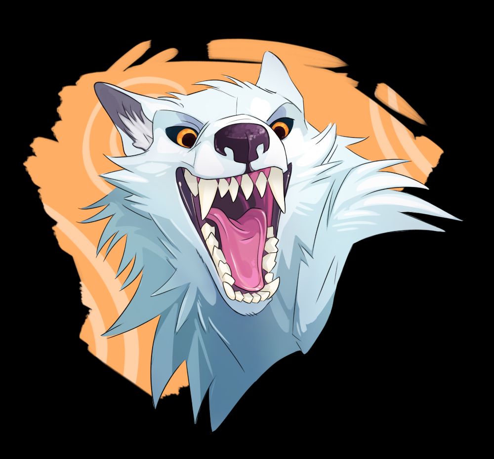 wolf, open-mouthed snarl/grin. very toothy