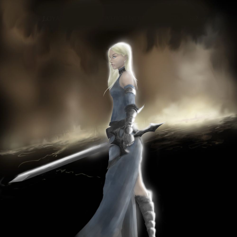 A full body view of a female character holding a sword.  Fire in the distance illunimates the night.  Hey stance is tense but composed, as if ready to face an unseen threat.