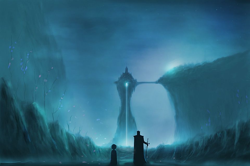 A dramatic fantasy scene showing a tall spire with a waterfall cascading down its side, surrounded by mist and dark skies.