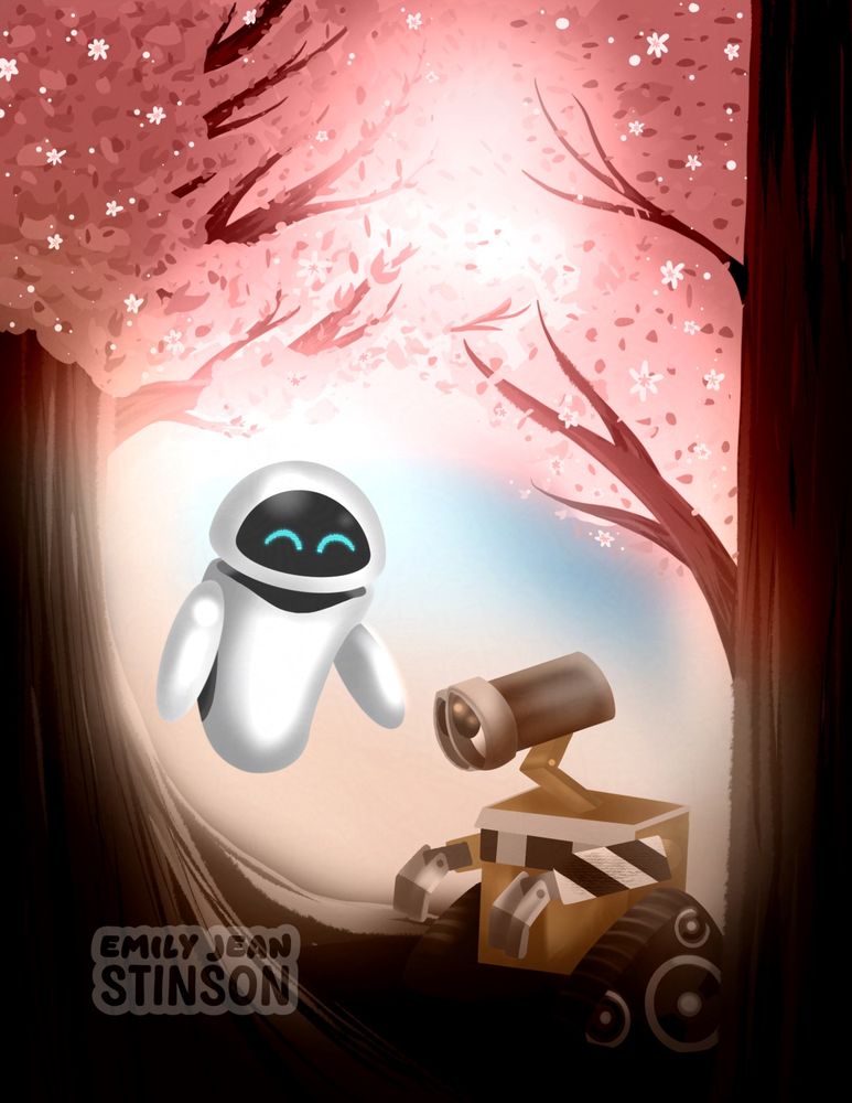 Fan art of Wall-E and Eve, from Disney/Pixar's Wall-E, in the middle of two cherry blossom trees.