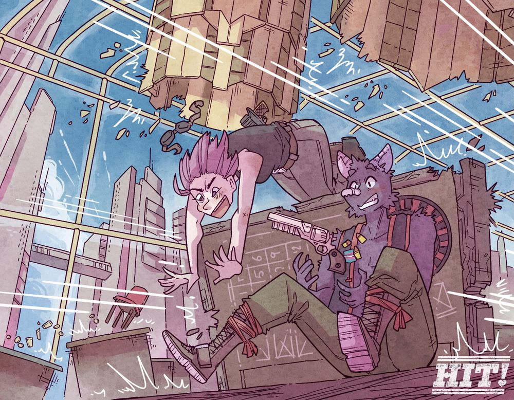 An illustration by Helena Ramos for the TTRPG zine Hit!. The scene depicts two characters in a shootout in a sci-fi casino. Using an overturned roulette table as cover, an anthropomorphic bat clumsily tries to reload his revolver. To his left, a pink-haired woman dives into cover behind the roulette table and narrowly dodges a hail of bullets rippling across the casino floor, presumably from some security guards these would-be thieves have alerted.
