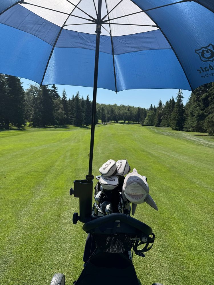 Blue & white umbrella shading golf clubs at golf course.