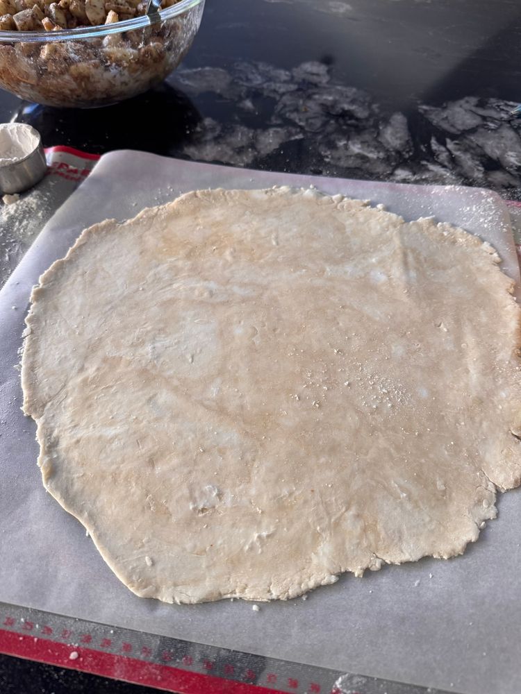 Pie dough rolled out on parchment-covered mat