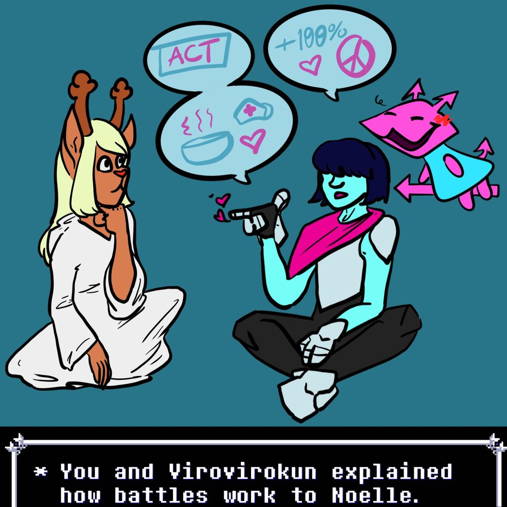 Sketch from Deltarune with text that shows, "You and Virovirokun explained how battles work to Noelle" beneath it. Kris is explaining battles in pictographs to Noelle as they sit on the ground, with the enemy combatant Virovirokun chiming in with their own explanations.