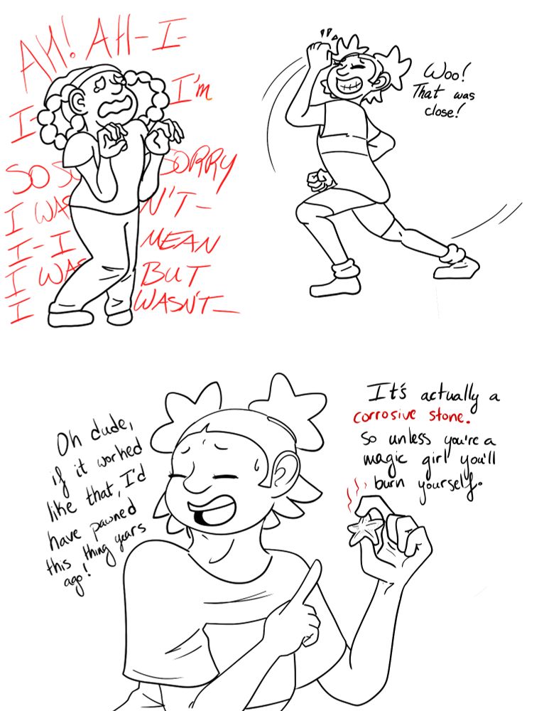 Aika- "woo! That was close!"
Zira - //shouting gibberish and apologies//
Aika - "oh dude, if it worked like that I'd have pawned this thing years ago! It's actually a corrosive stone, so unless you're a magic girl you'll burn yourself."