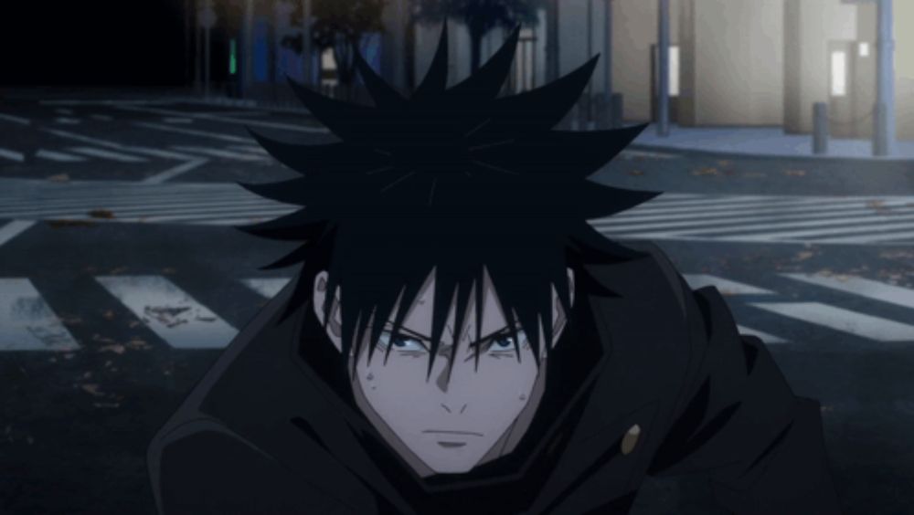 a black haired anime character is standing in a dark street