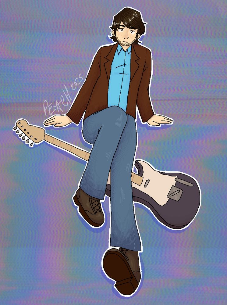 drawing of a caucasian, dark haired man sitting on the floor. there is a guitar underneath his legs. he looks at the viewer with a somewhat tired expression. the background is a washed out VHS noise pattern.