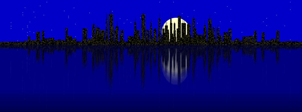 A city skyline at night, reflected off of water in the foreground, with a large moon rising behind.