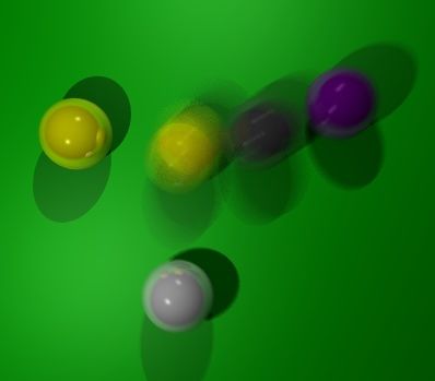 Five billiard balls viewed from above on a green table. Three of the balls are involved in a collision, and are blurred with motion.