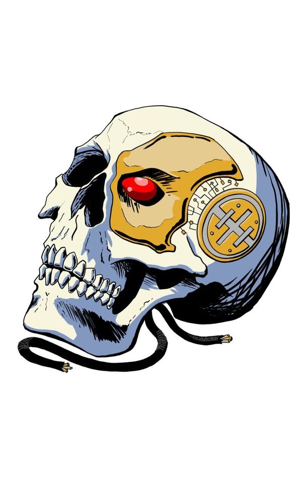 Color ink illustration. Human skull with a red eye and hold playing and circuitry on one side. Frayed wires dangle from underneath.