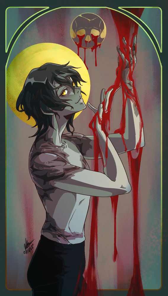 Drawing of Kou, an Elden Ring oc. They are topless to show off the burns covering their body and holding their hands up to blood flowing from above.