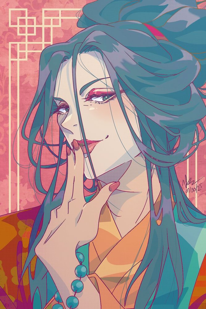 A very colorful drawing of the musician, Zhang Xiaoyao. His face is painted with makeup and his hair is messily pulled back. He is pressing his fingers to his lips and looking down at the viewer. 